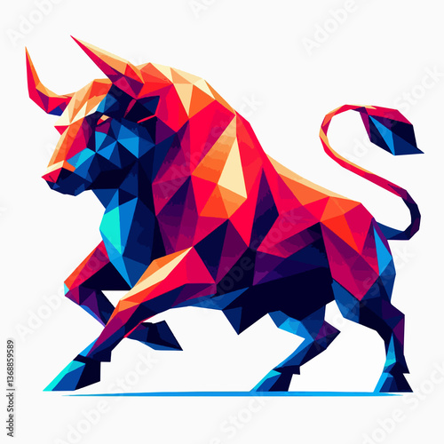 A colorful bull with a red tail is leaping into the air