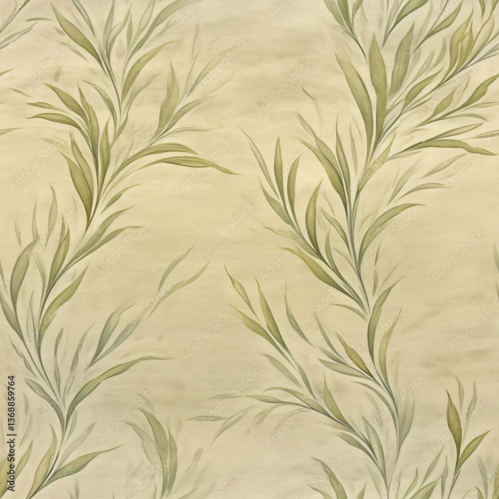 Obraz premium Seamless pattern with elegant green leaves on beige background. Botanical wallpaper design for interior decor. Natural motif for textile, wrapping paper, and home furnishing