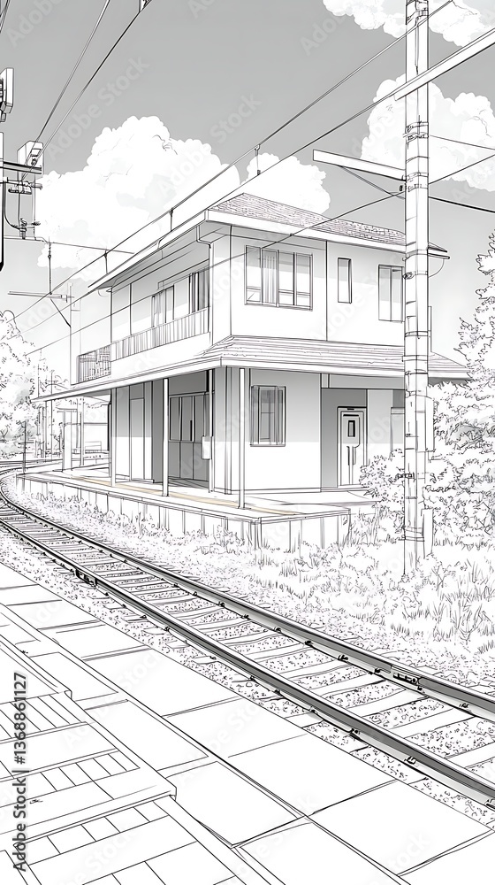 Fototapeta premium Suburban Train Station Sketch.