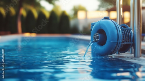 Blue pool pump filtering water into a swimming pool.