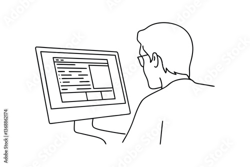 Man using computer, software development, line art, screen design, interface, programming