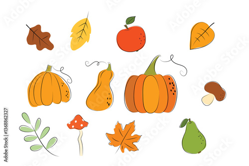 Autumn set - orange pumpkins, autumn leaves, mushrooms, apple, pear. illustration in flat simple style with black stroke. vector design element isolated on white background