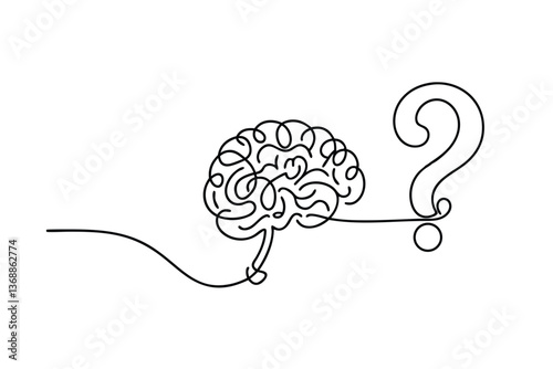 Continuous Line Drawing Brain, Question Mark, Curiosity, Inquiry, Thought, Mind, Concept, Knowledge,