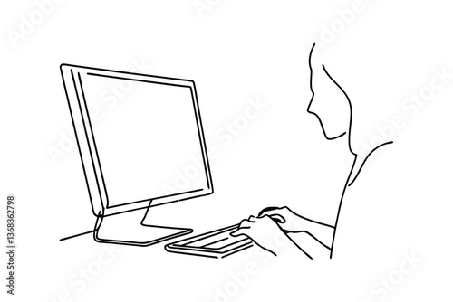 Person using desktop computer, minimalist line art illustration