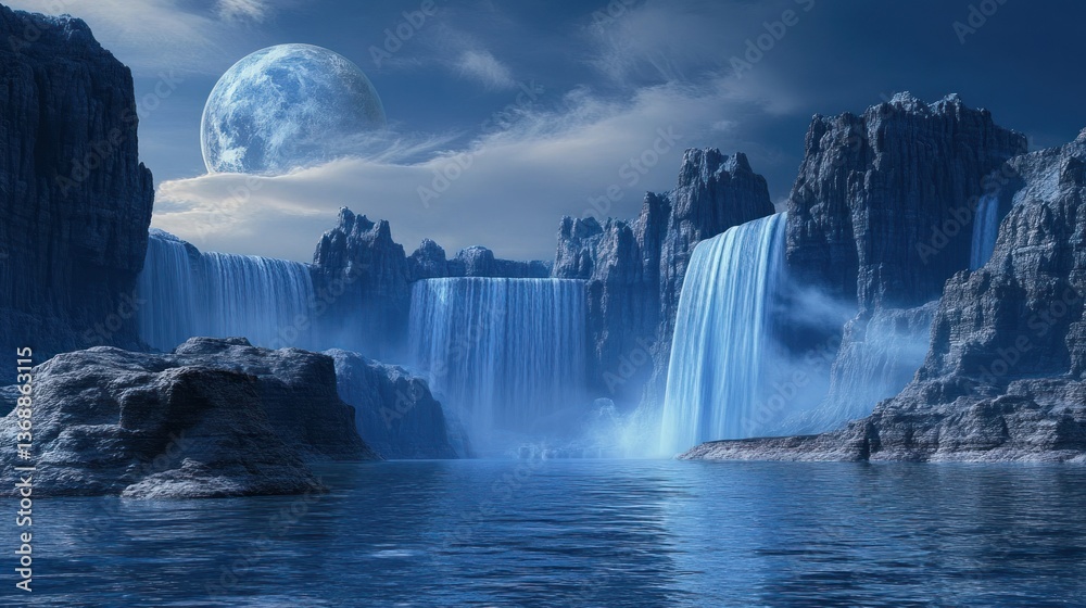 Fototapeta premium Illustration: Beautiful blue moonlit landscape with waterfalls and mountains.