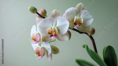 Delicate white and pink orchid blossoms, soft pastel background, close-up