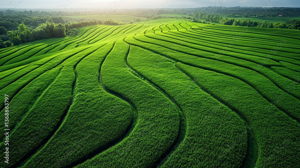 Green terraced fields stretching over rolling hills under a bright, soft sky Green terraced fields stretching over rolling hills under a bright, soft sky