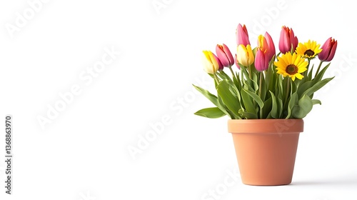 Wallpaper Mural Colorful tulip and sunflower bouquet arrangement in terracotta pot,isolated on white background. Torontodigital.ca