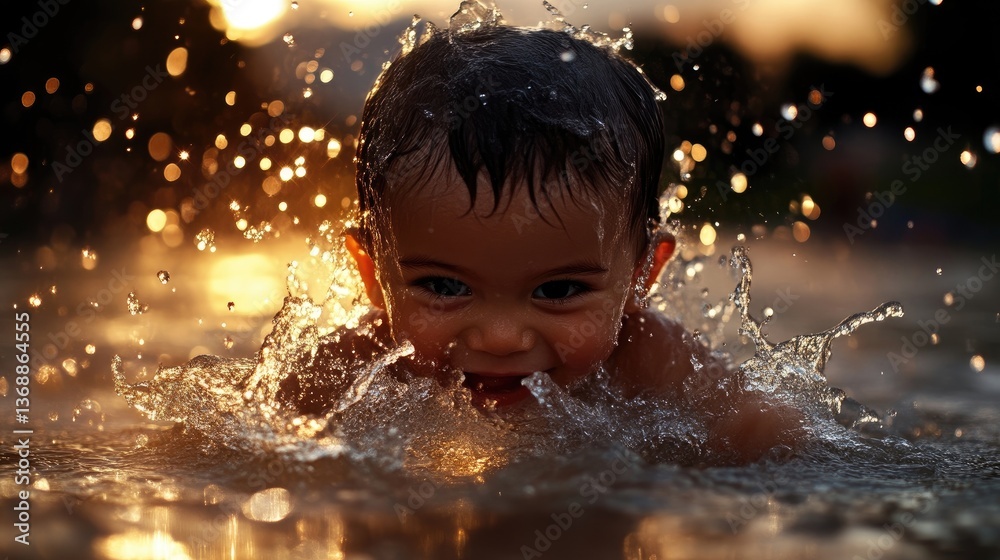 Child splashes in shallow water at sunset. A joyful toddler, face-forward, immersed in a sun-drenched water. Splattered water droplets surround the child, bathing them in golden light Child splashes in shallow water at sunset. A joyful toddler, face-forward, immersed in a sun-drenched water. Splattered water droplets surround the child, bathing them in golden light