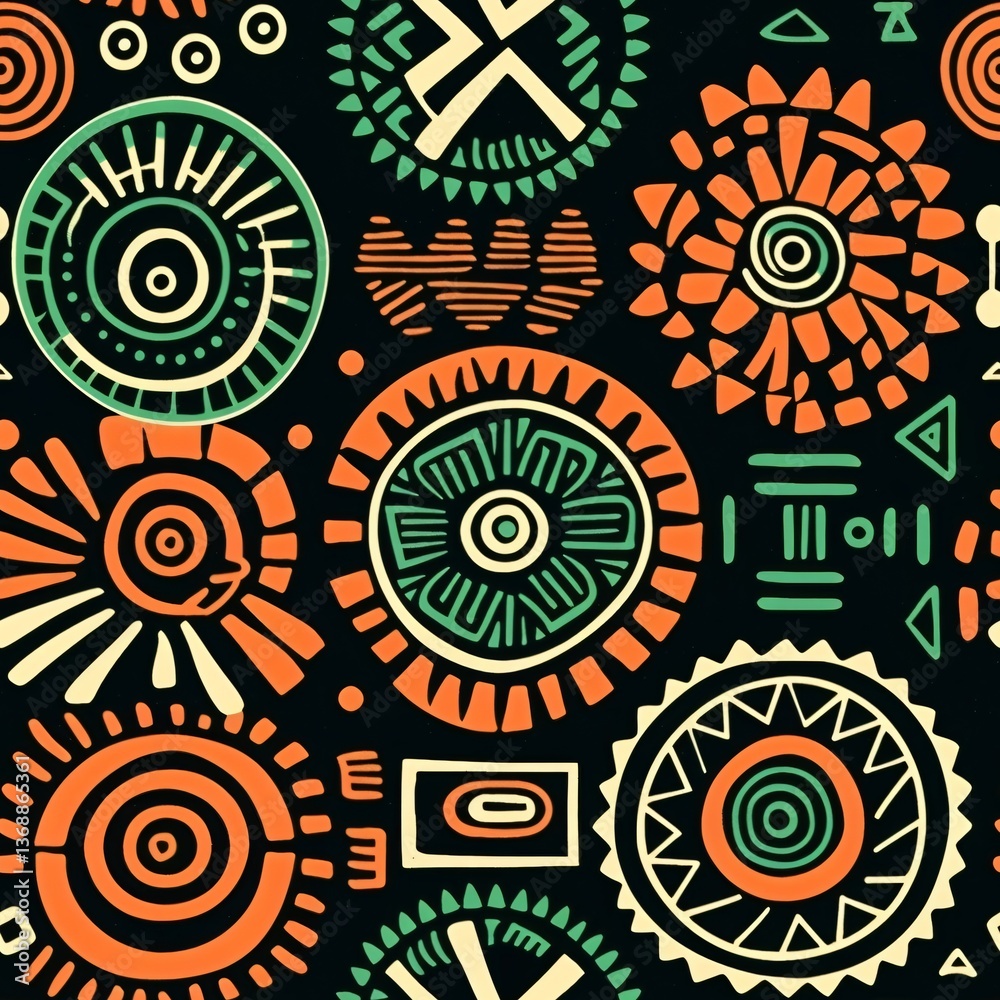 Fototapeta premium Tribal pattern with circular and geometric shapes in orange, green, and white on black background. Ethnic seamless design for fabric, wallpaper, and boho style decor