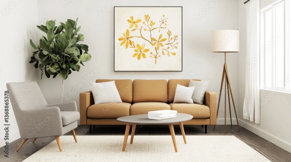 Fototapeta premium Scandinavian modern room, caramel stitched edge sofa, ash gray chair, oil art with gold floral on dark canvas, warm floor lamp