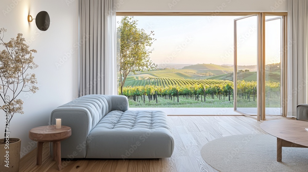 Fototapeta premium Scandinavian style living room, pale blue plush sofa, oak floor, matte wall lamp, window opens to sunset over vineyard hills, evening mood