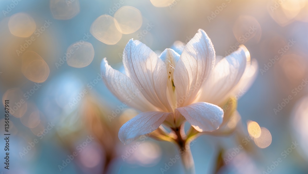 Delicate white flower blooming in soft, golden light against a blurred background Delicate white flower blooming in soft, golden light against a blurred background