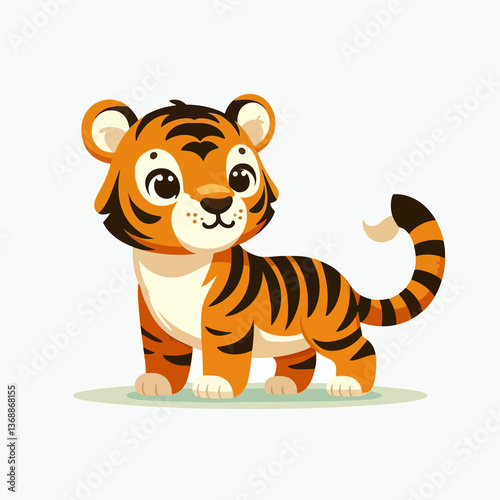 A cartoon tiger is standing on a green field