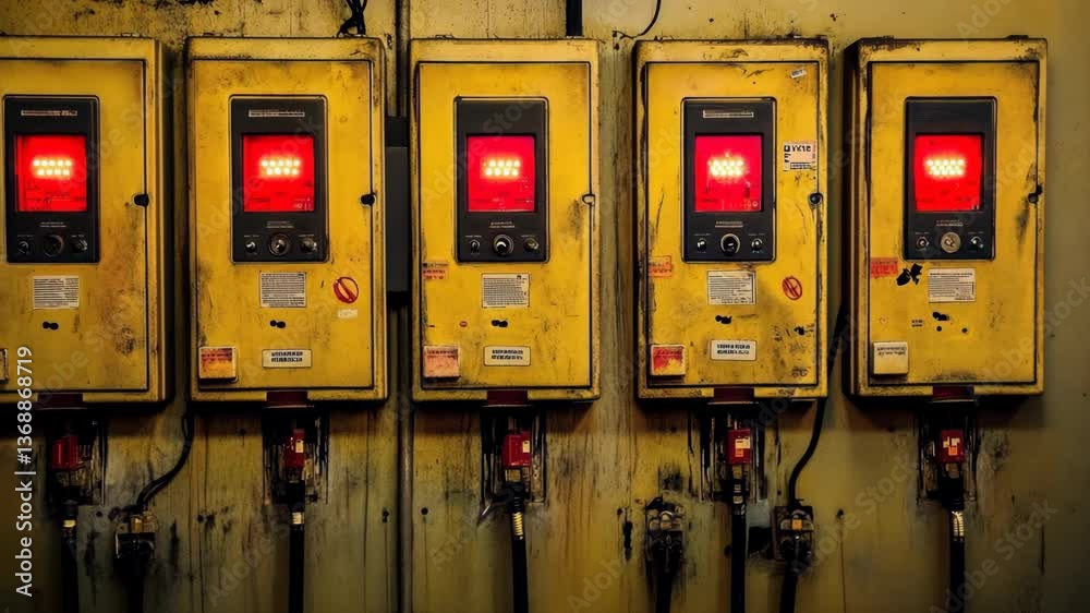 Old gas pumps lining a wall in an empty urban garage during dusk