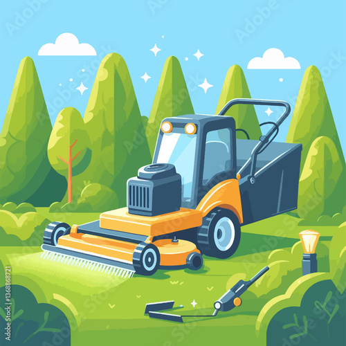 A lawn mower is parked in a grassy field
