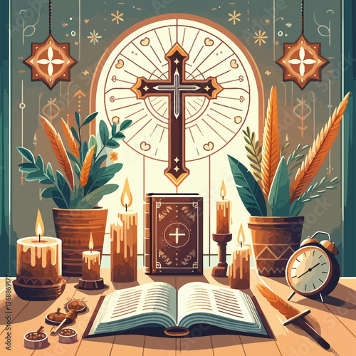 A painting of a cross and candles on a table with a book