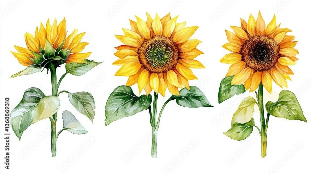 Naklejka premium An assortment of gentle watercolor sunflowers, set against a transparent background