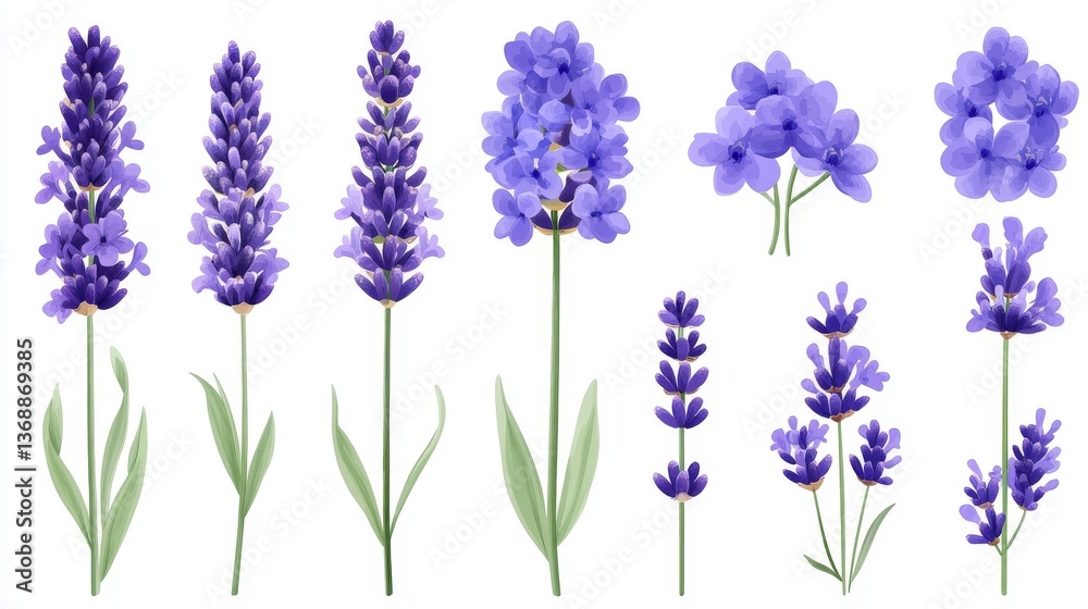 Fototapeta premium An assortment of lavender flowers, rendered in a grunge oil painting style and isolated on a transparent background, produced by modern