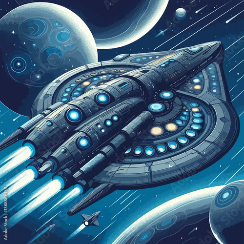 The ship is surrounded by a lot of stars and planets