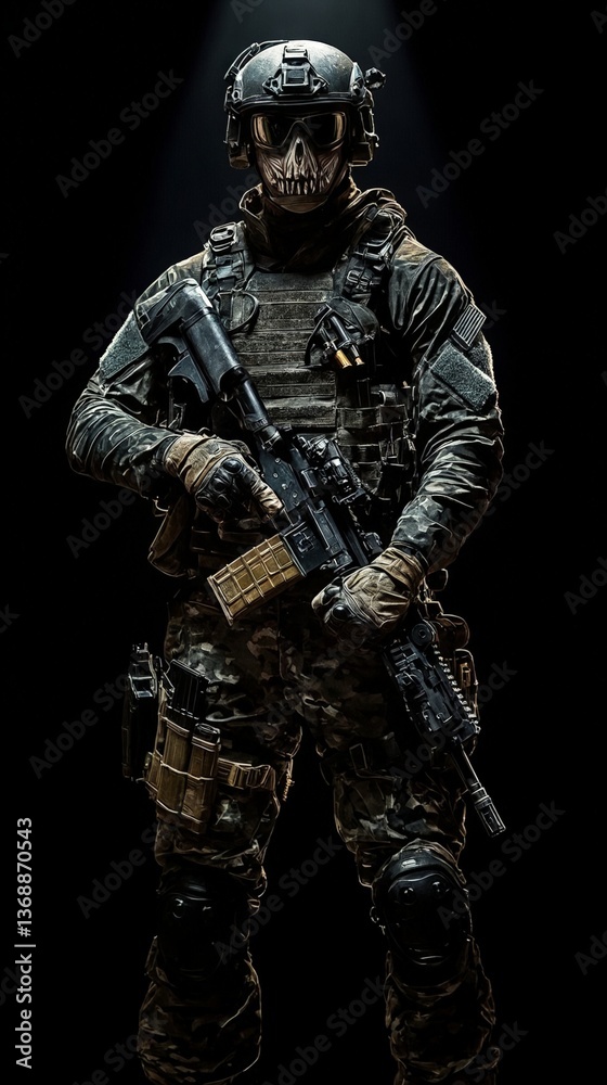Soldado con máscara de calavera, equipo táctico y rifle de asalto en una pose de combate, contra un fondo negro. Soldado con máscara de calavera, equipo táctico y rifle de asalto en una pose de combate, contra un fondo negro.