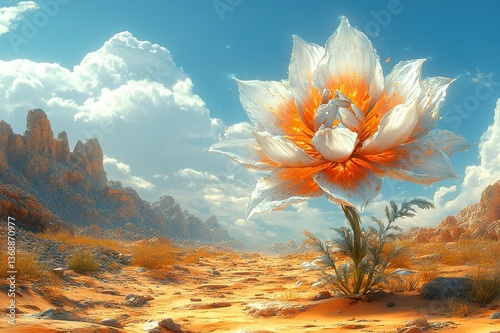 A giant mystical flower growing in the middle of a desert, its petals absorbing energy from the wind to stay alive.