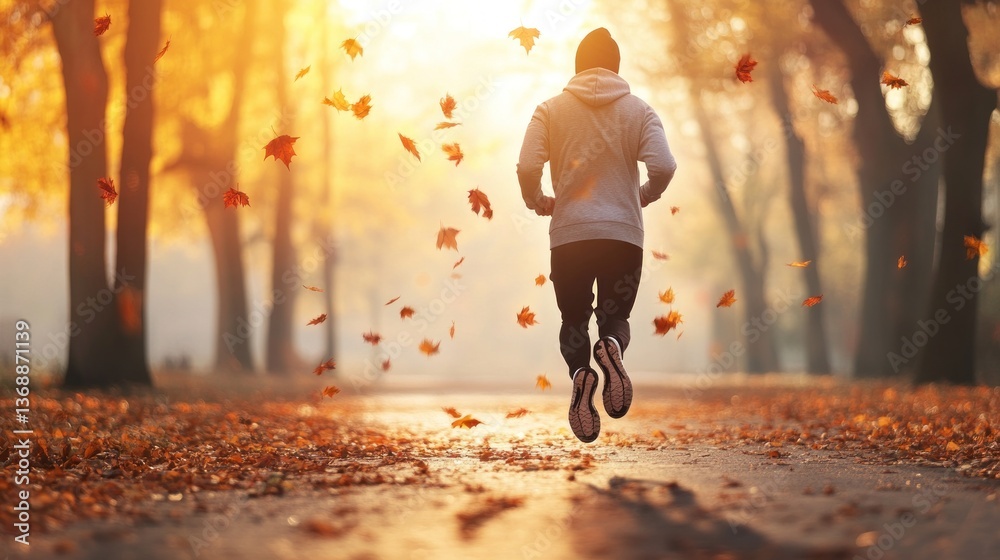 Obraz premium Autumn Jogging A Person Running Through a Colorful Fall Forest with Falling Leaves