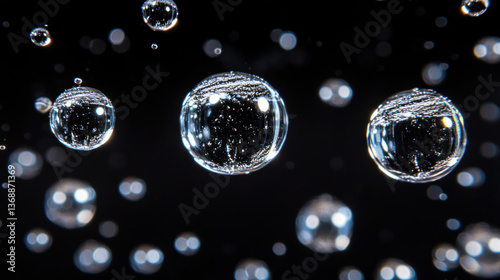 Wallpaper Mural A mesmerizing close-up reveals a collection of water droplets suspended against a stark black backdrop, showcasing their glistening reflections and intricate patterns. Torontodigital.ca
