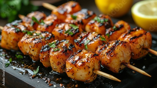Skewered scallops Delicious, grilled scallops on skewers with lemon, presented on dark board