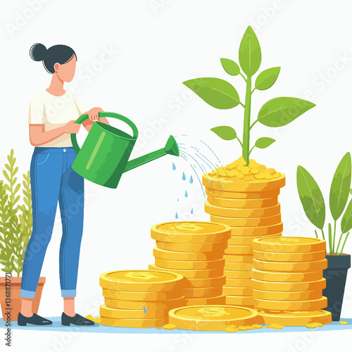 A woman is watering a plant with a watering can