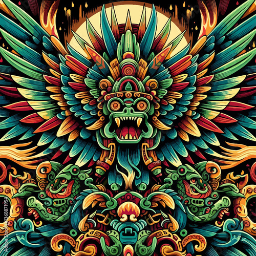 A colorful bird with a menacing face is the main focus of this image