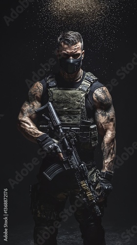 Hombre musculoso con equipo táctico y un rifle, de pie en la oscuridad con una lluvia de polvo.
