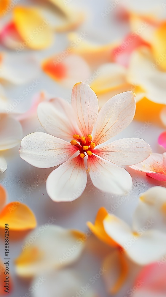 Fototapeta premium Delicate white flower surrounded by colorful petals