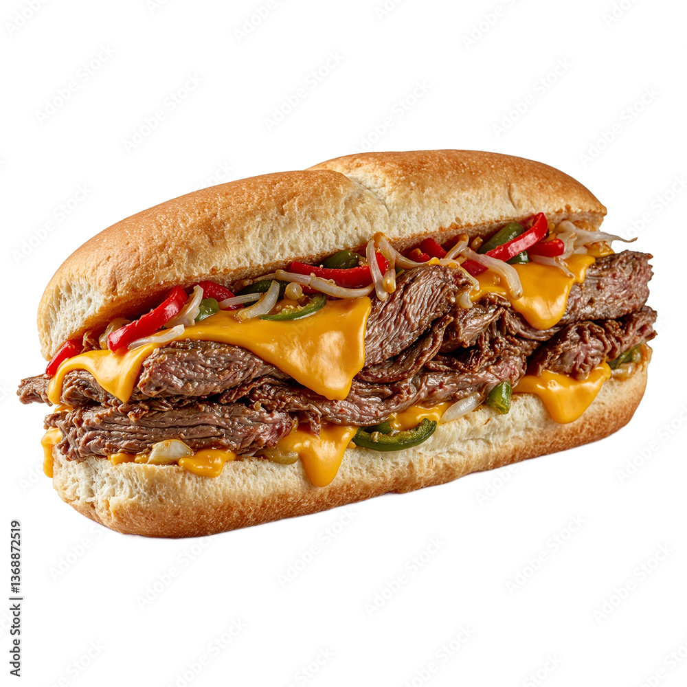 Mouthwatering cheesesteak sandwich featuring succulent steak gooey cheese peppers and onions on a crisp hoagie roll Mouthwatering cheesesteak sandwich featuring succulent steak gooey cheese peppers and onions on a crisp hoagie roll