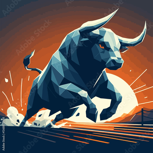 A bull is running through the desert with a sunset in the background