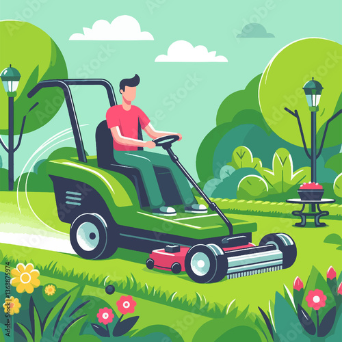 A man is riding a green lawn mower in a park