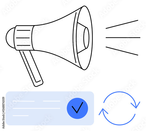 Megaphone, checkmark, refresh symbols. Ideal for communication, updates, notifications, announcements, verification, refresh media marketing alerts public relations digital apps completeness