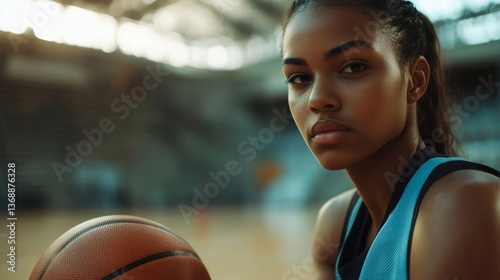 Focused Woman Athlete Resting with Basketball after Intense Workout Session