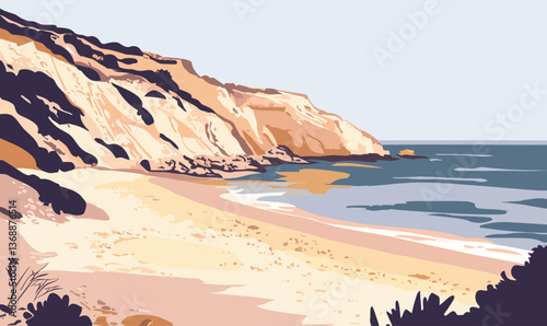 Minimalist Vector Illustration of Algarvian Beach, Portugal Scenic Coastline Art