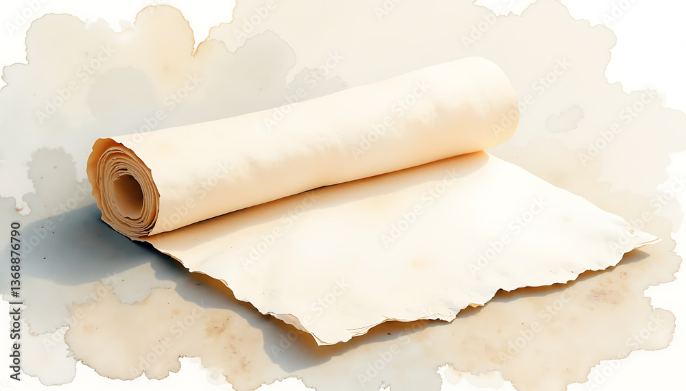Fototapeta premium Rolled cream paper on a soft watercolor background