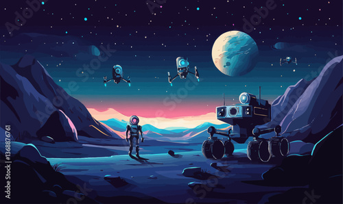 AI Robots Exploring Extraterrestrial Landscapes with Rovers and Drones in Space Mission