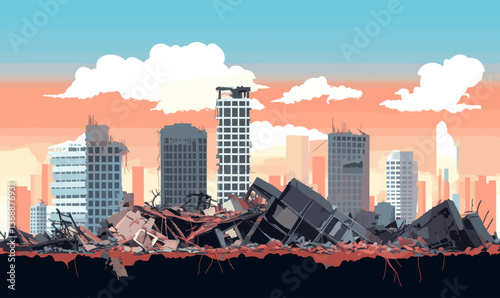 Urban Destruction Illustration: Minimalist Demolished Cityscape Vector for Disaster Concepts