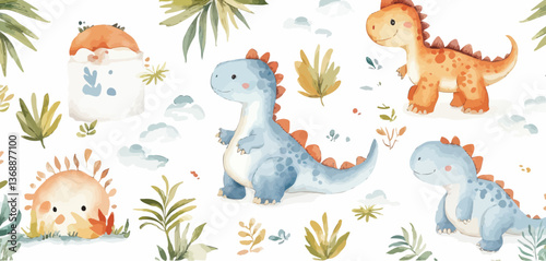 Adorable Watercolor Baby Dinosaur Seamless Pattern for Children's Room Decor