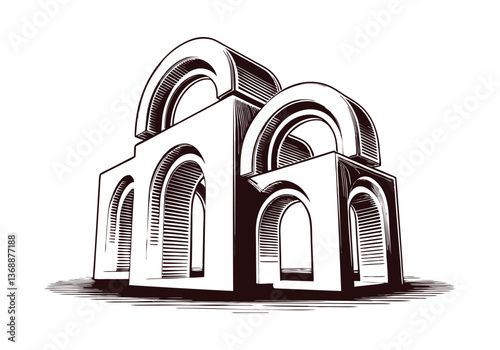  Minimalist geometric sculpture with abstract curved and angular forms in a monochromatic modern art installation