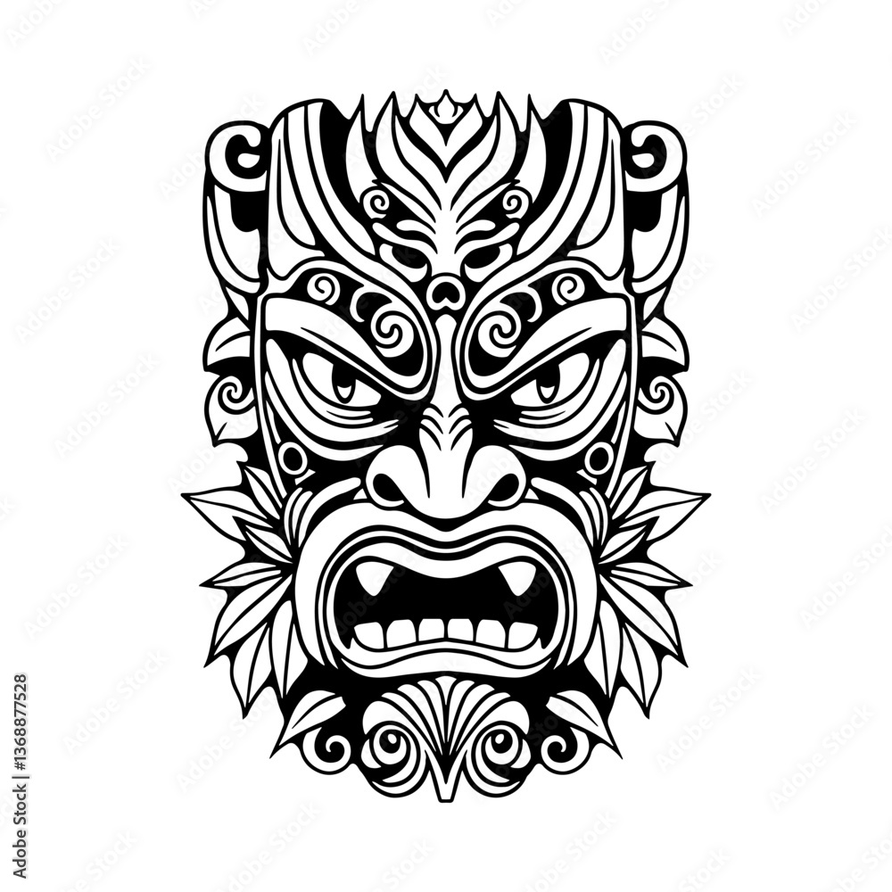 Fototapeta premium Tribal tiki mask with intricate patterns and cannabis leaves