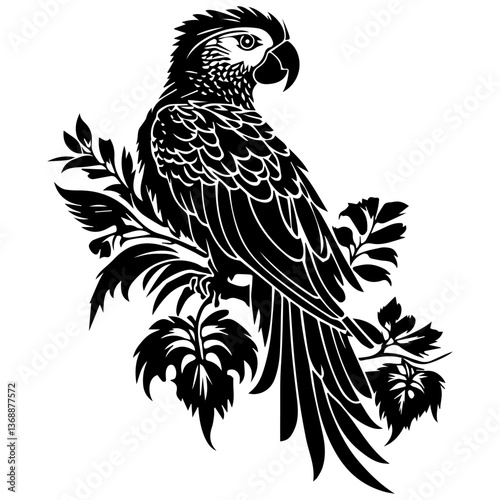 Elegant parrot silhouette perched on tropical branches with detailed feathers