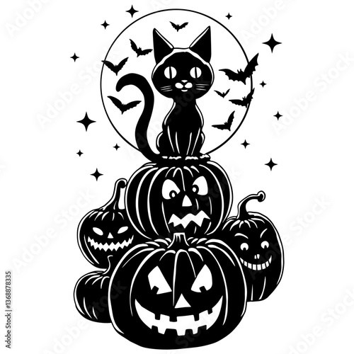 Halloween black cat sitting on spooky pumpkins with bats and moon. Cute and scary silhouette design for clipart photo