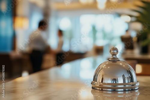 A silver service bell on a hotel reception desk, with blurred hotel staff in the background