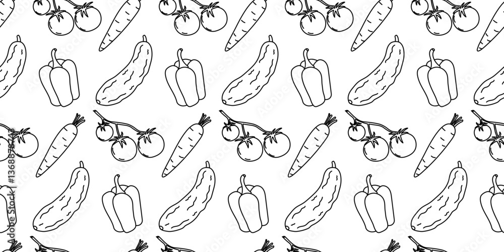 Fototapeta premium Colorful vegetable pattern design featuring cucumbers, carrots, bell peppers, and tomatoes