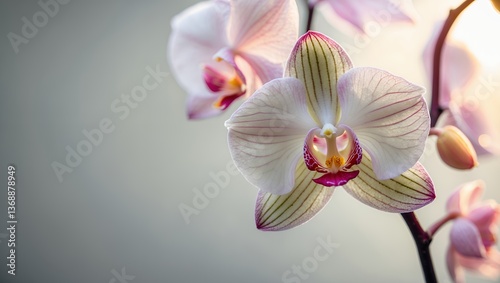 Elegant orchid blossoms, delicate petals, soft focus, sunshine glow